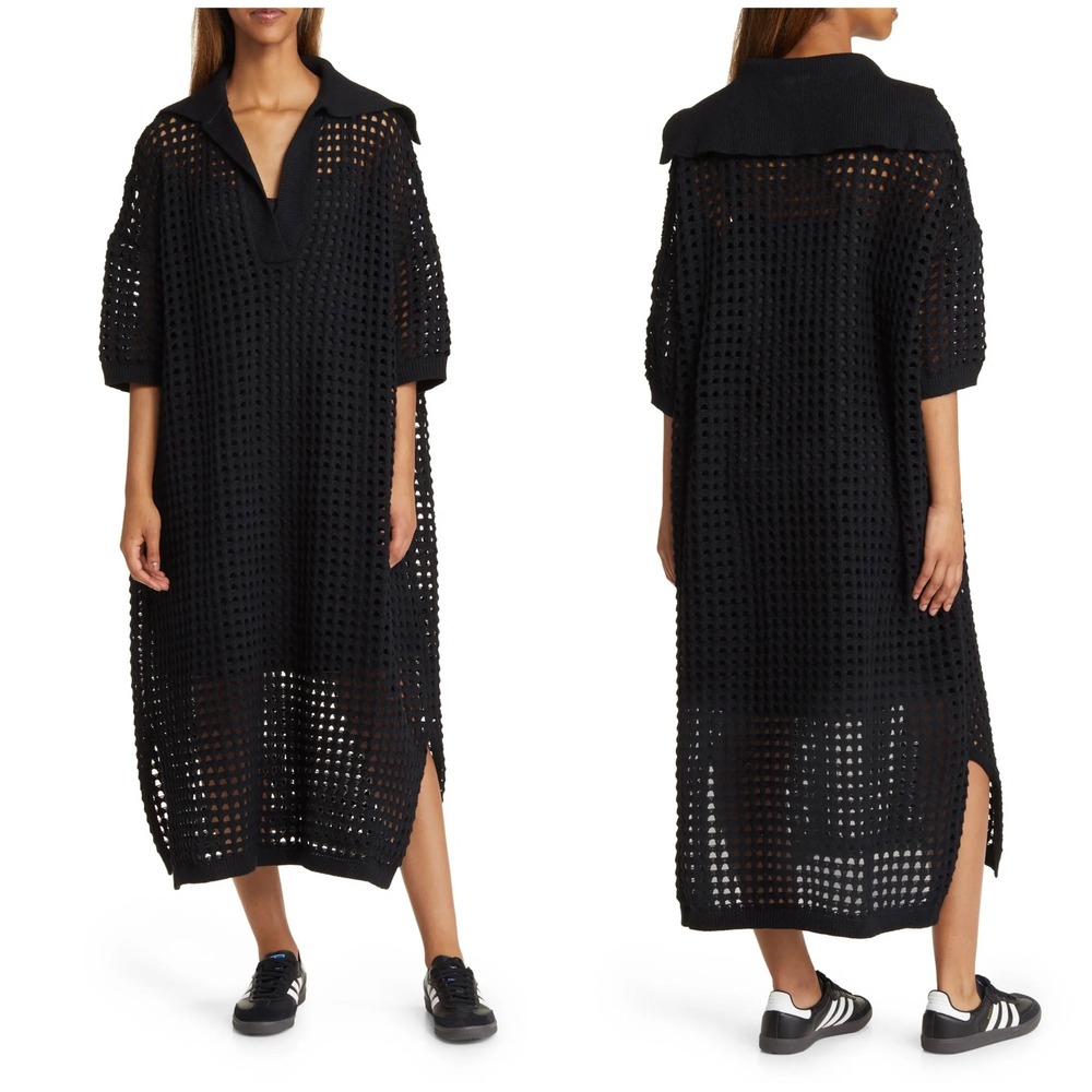 Dressed in LaLa Womens Be Bold Oversize Knit Black Boho Grunge Midi Dress L/XL